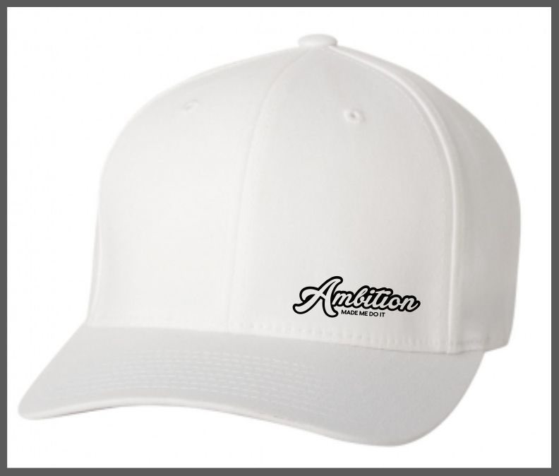 Ambition Made Me Do It: White Distressed Dad Hat W/ Right Side Design